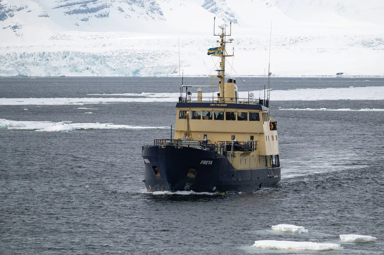 A small dark-hulled expedition ship with a cream superstructure sailing through scattered sea ice, with a glacier and snowy mountains behind